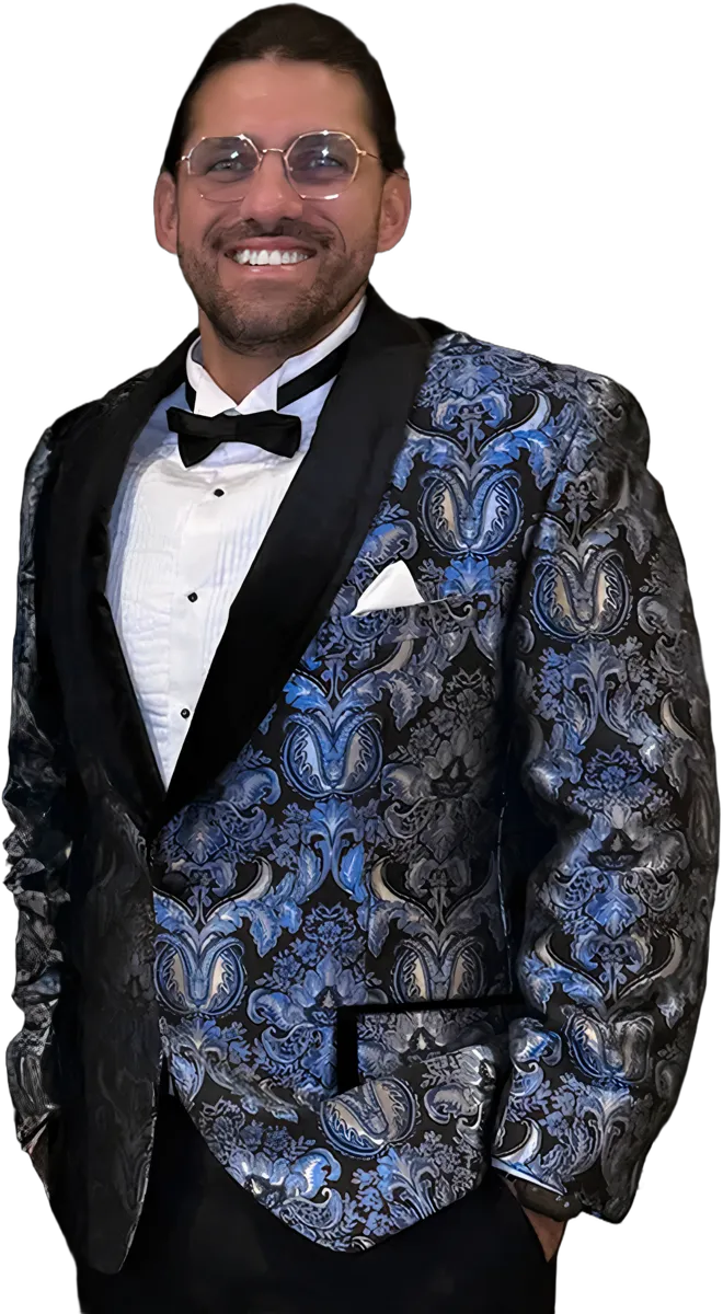 Reef Colman in a brocade dinner jacket and bow tie