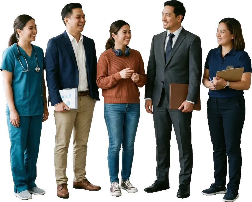 Five Filipino Outsourced Professionals dressed for healthcare, real estate, e-commerce, law and home services