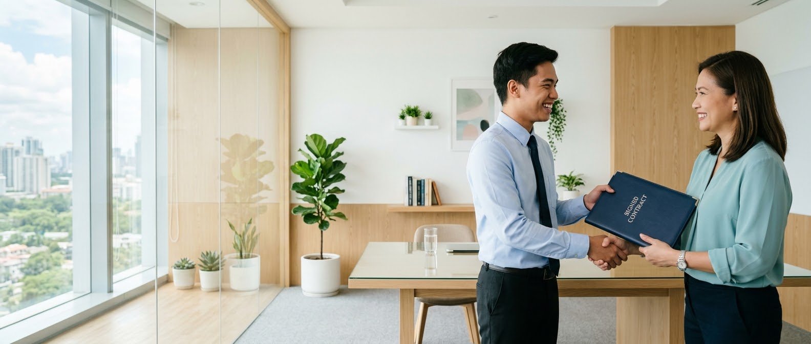 A manager handing a signed contract to a new hire