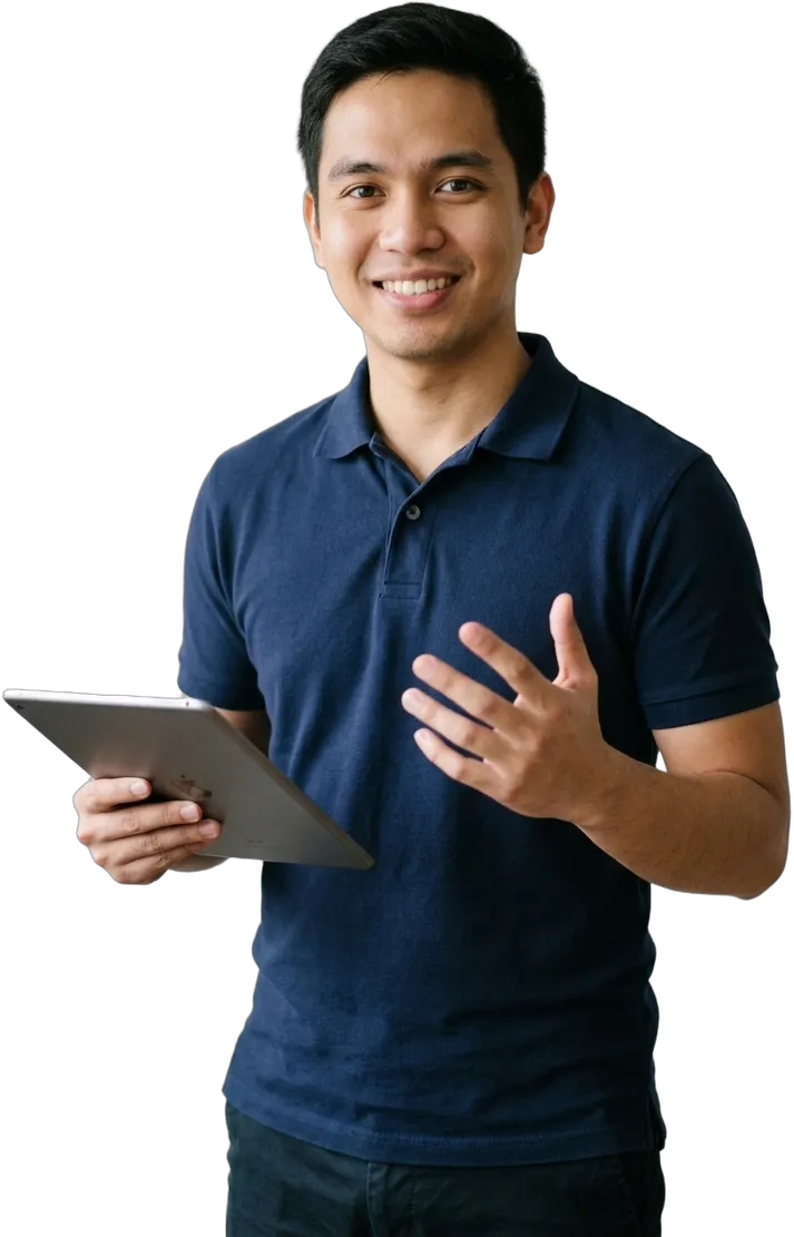 An Outsourced Professional with a tablet, ready to answer