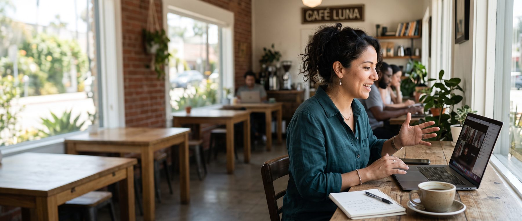 A business owner on a video call, describing the role
