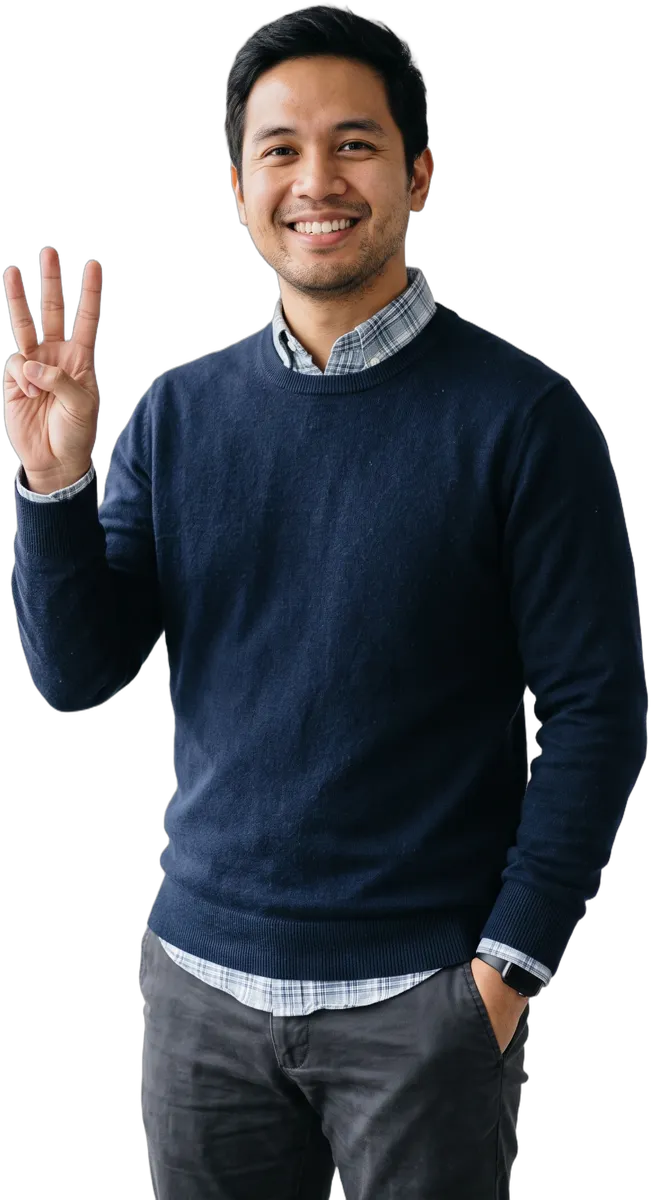 A WeAssist recruiter holding up three fingers