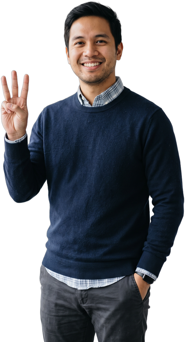 A WeAssist recruiter holding up three fingers