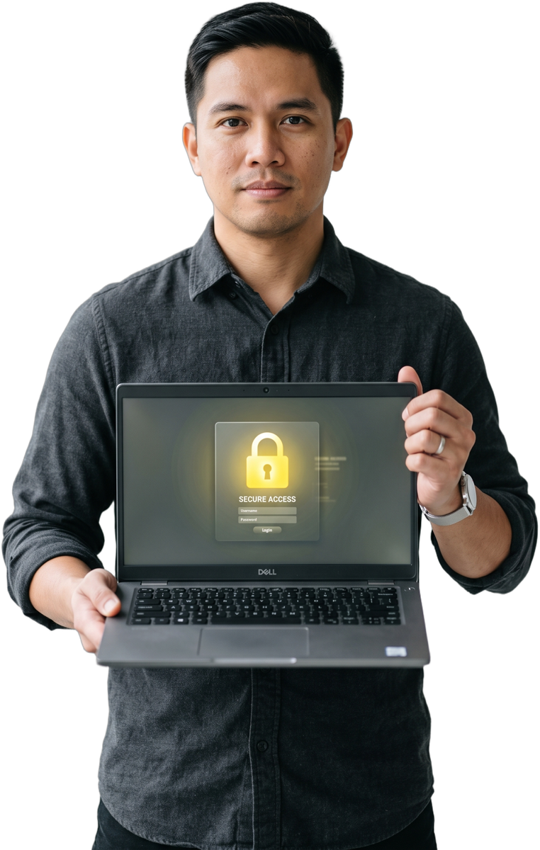 A WeAssist IT specialist showing a locked laptop