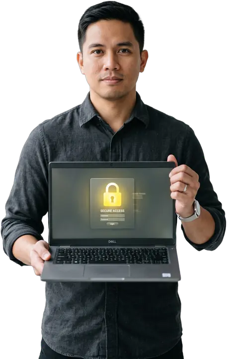 A WeAssist IT specialist showing a locked laptop