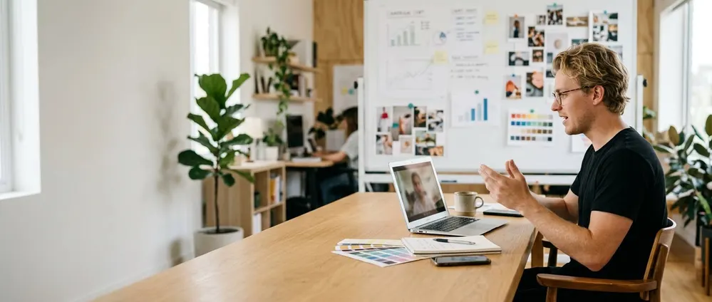 A marketing agency owner on a video call, describing the role