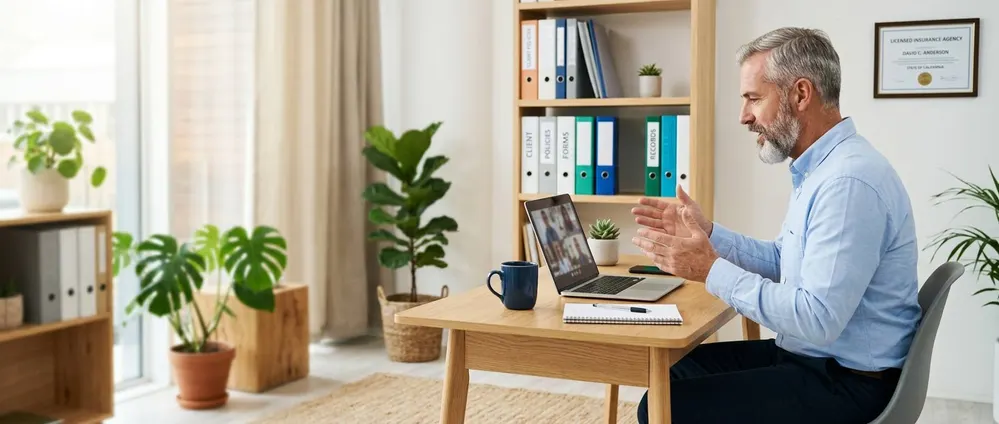 An insurance agency owner on a video call, describing the role