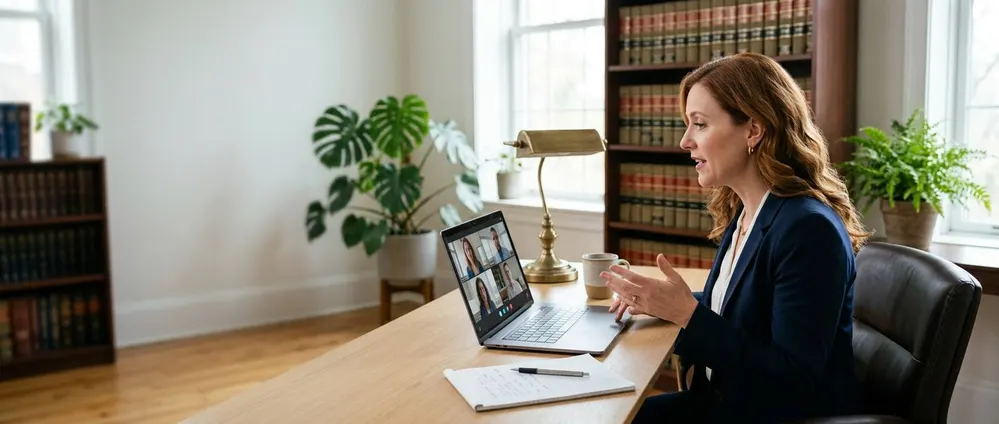 A law firm owner on a video call, describing the role