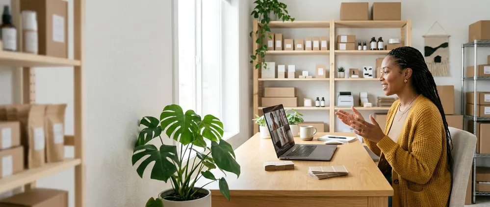 An online store owner on a video call, describing the role