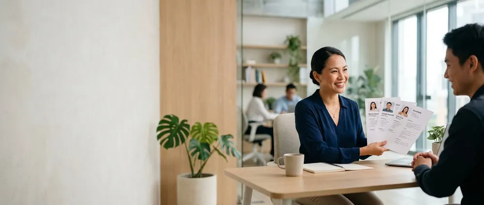 A WeAssist recruiter holding three candidate profiles