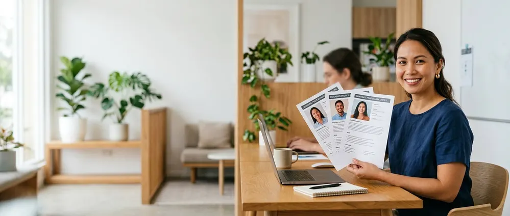 A WeAssist recruiter holding three candidate profiles