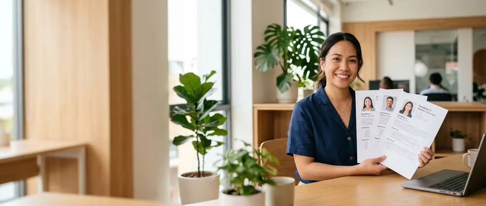 A WeAssist recruiter holding three candidate profiles