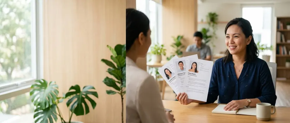 A WeAssist recruiter holding three candidate profiles