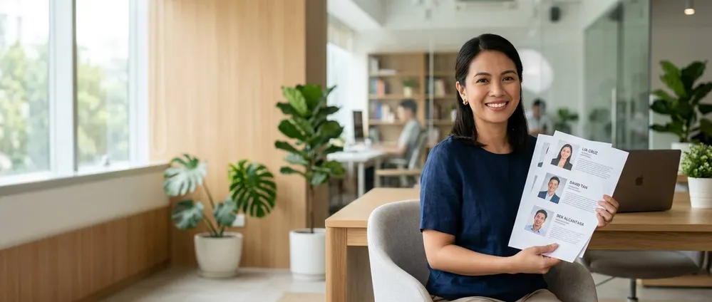 A WeAssist recruiter holding three candidate profiles