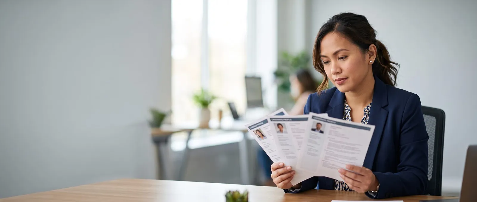 A WeAssist recruiter holding three candidate profiles