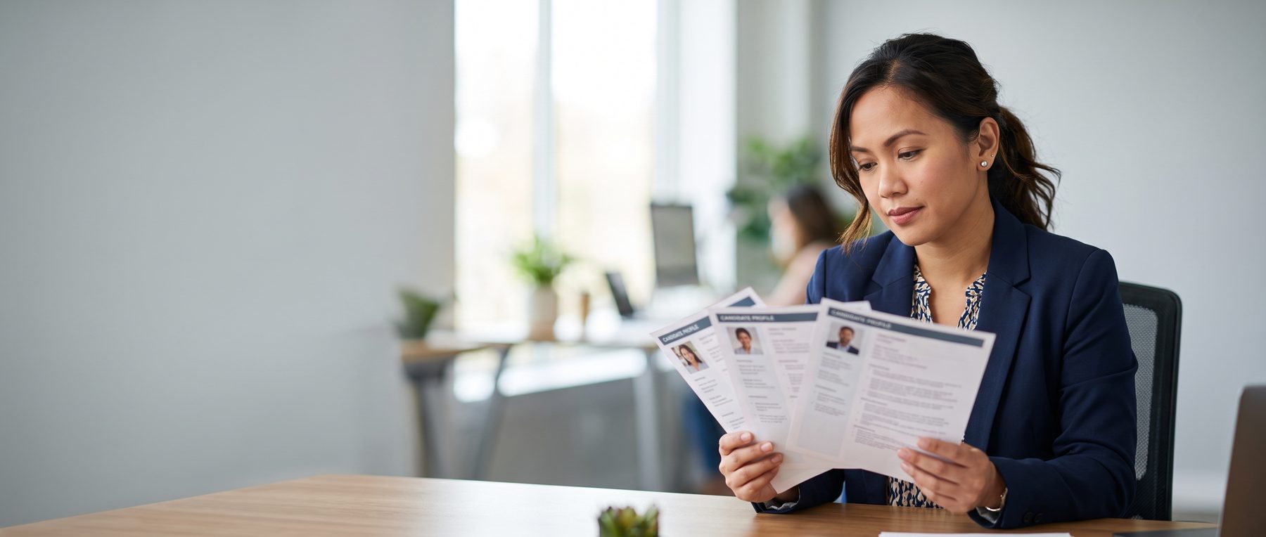 A WeAssist recruiter holding three candidate profiles