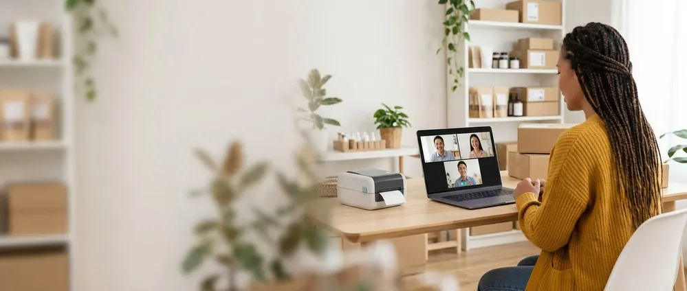 The same online store owner interviewing three candidates on a video call