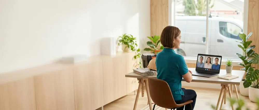 The same home services business owner interviewing three candidates on a video call