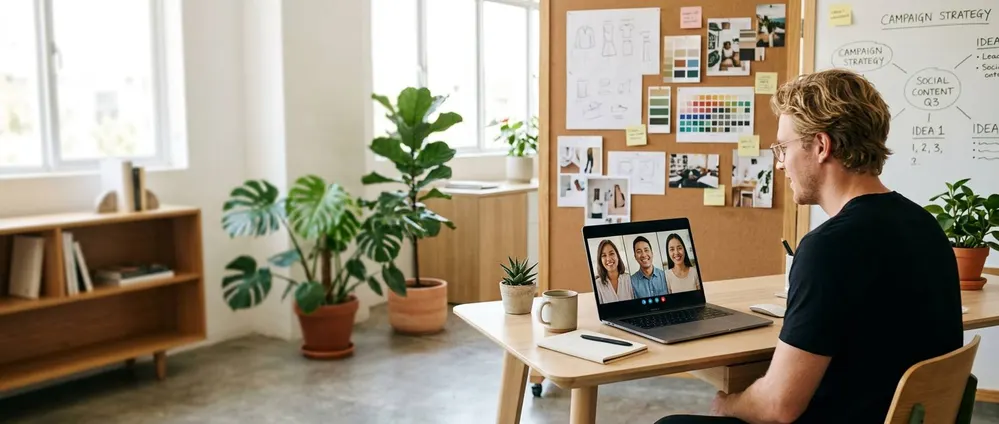 The same marketing agency owner interviewing three candidates on a video call