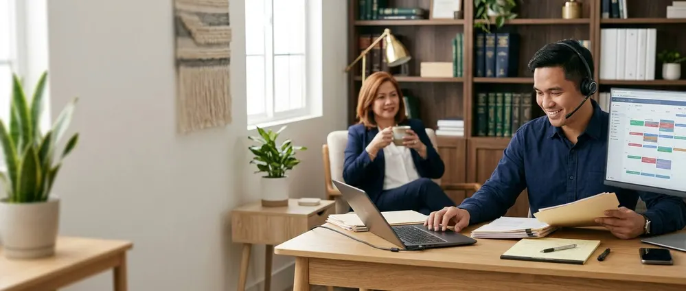 An Outsourced Professional organizing case files and court dates while the owner relaxes with a coffee