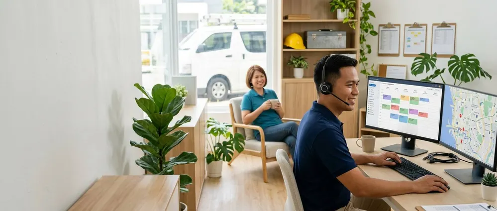 An Outsourced Professional dispatching technician jobs while the owner relaxes with a coffee