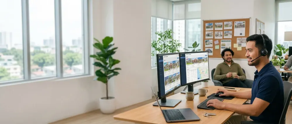 An Outsourced Professional updating property listings while the owner relaxes with a coffee