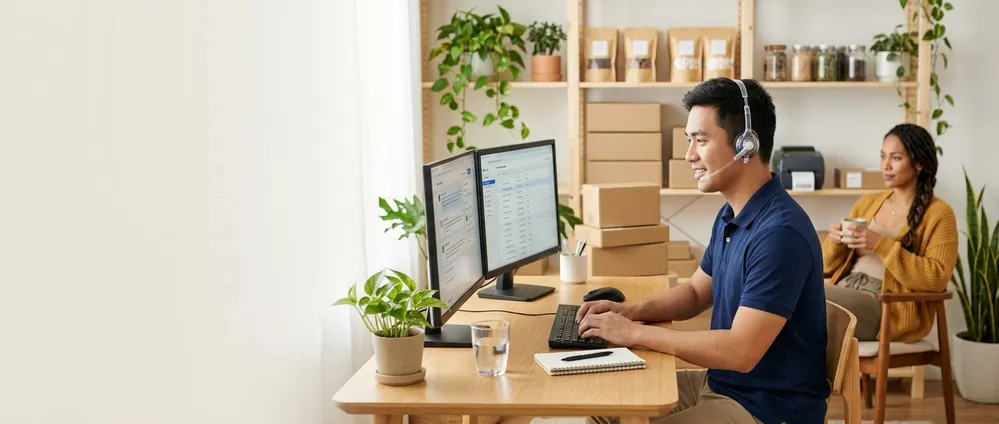 An Outsourced Professional answering customers and processing orders while the owner relaxes with a coffee