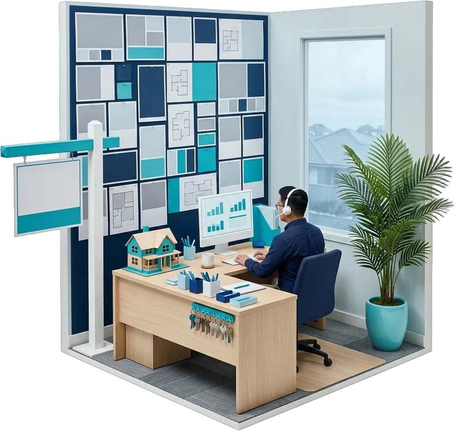 An Outsourced Professional updating property listings in a real estate workspace