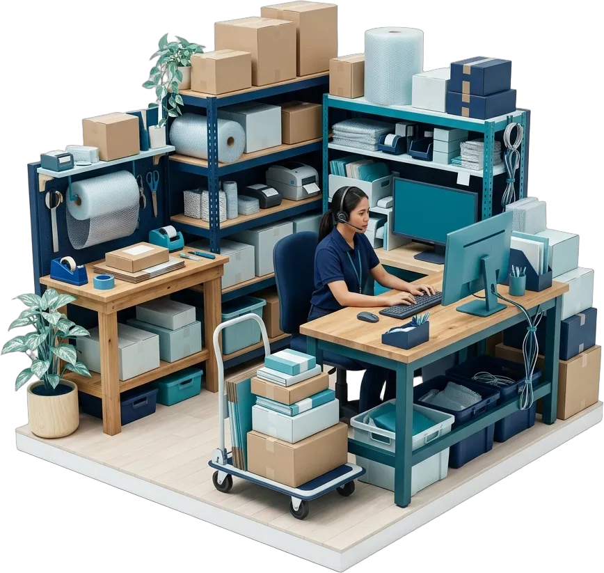 An Outsourced Professional answering customers and processing orders in a e-commerce workspace