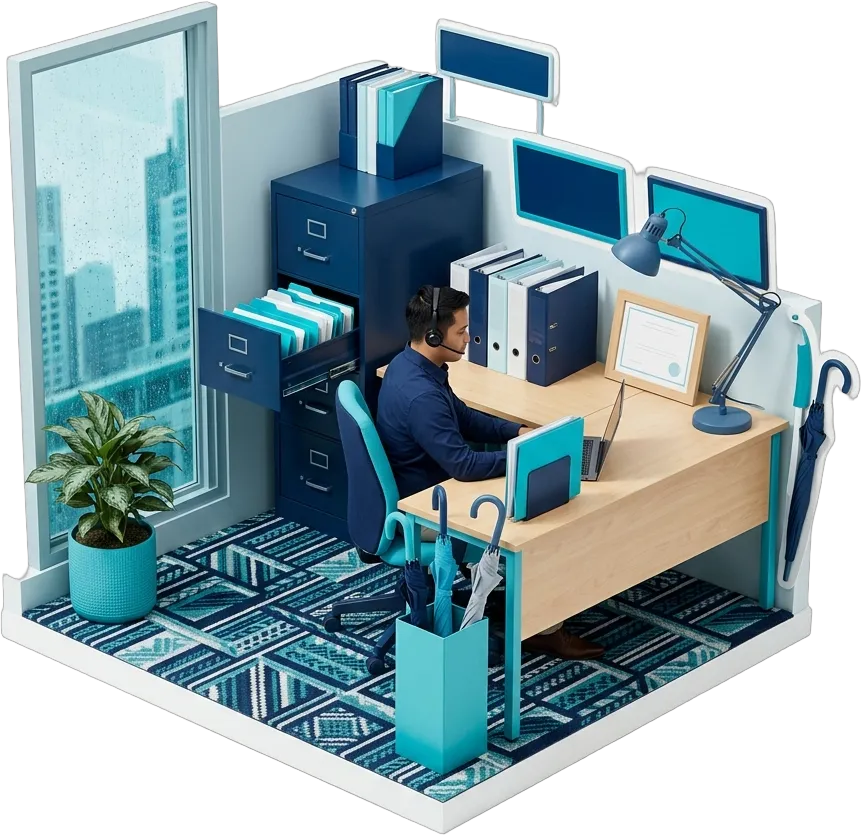 An Outsourced Professional reviewing policy renewals and quotes in a insurance agencies workspace