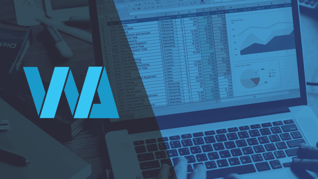 Person working on bookkeeping spreadsheets and financial charts on a laptop, with WeAssist logo overlay.