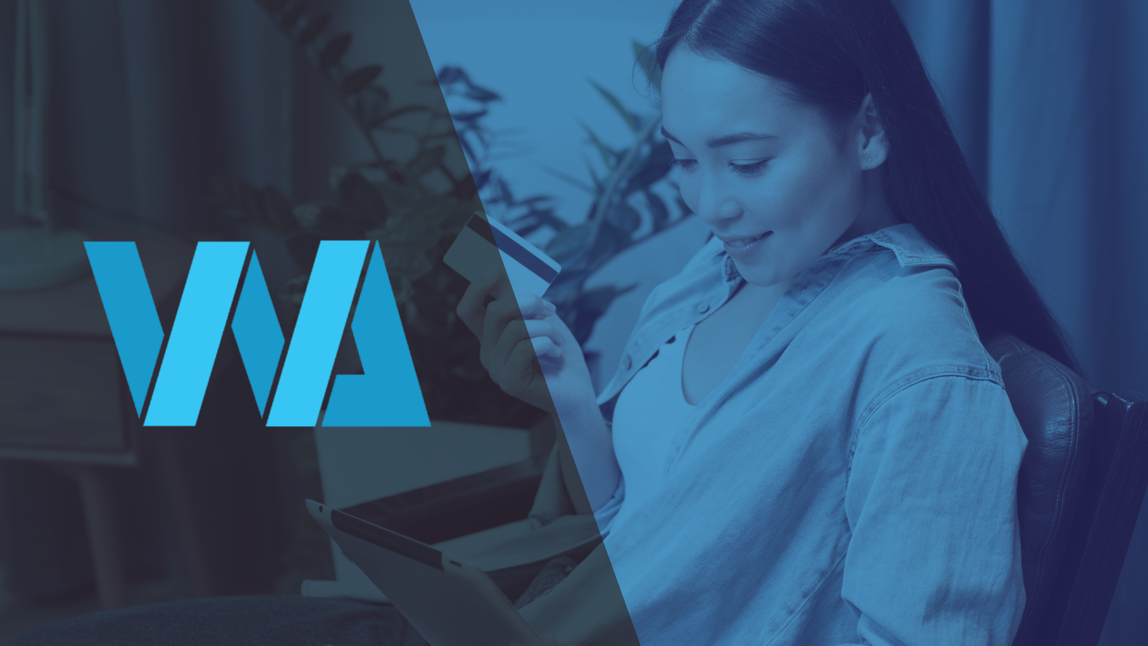 Smiling woman making an online payment with a credit card and tablet, representing faster payment collection through outsourcing accounts receivable.