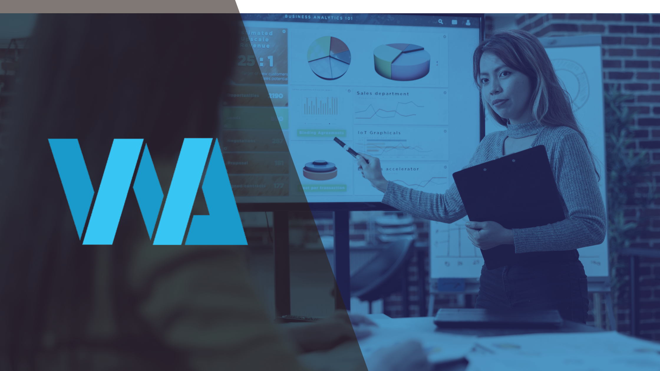 Business analyst presenting market research data and analytics charts during strategy meeting